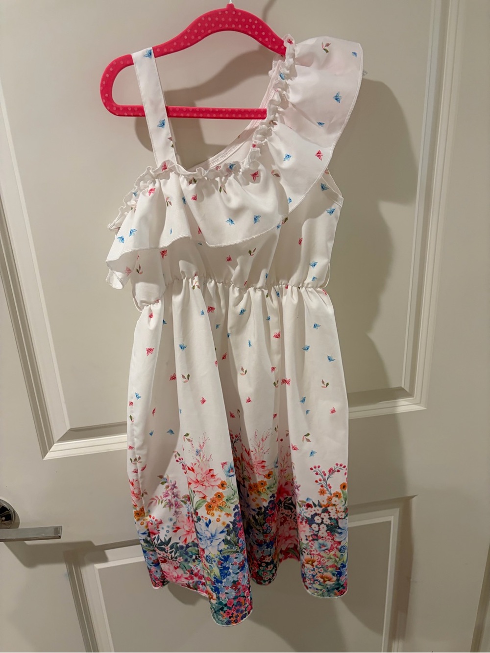 Girls' White Floral Tank Dress with Pastel Butterfly Print